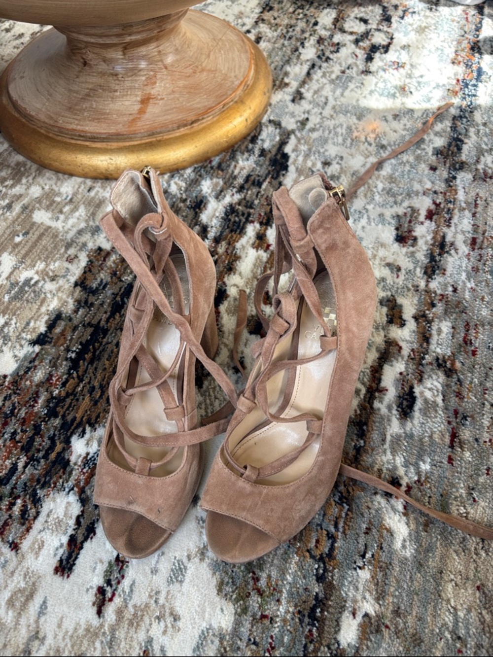 Vince Camuto Lace-Up Suede Peep-Toe Heels in Taupe